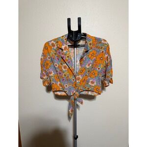 Love Notes Floral Crop Top Womens Medium Orange Teal Retro Tie Front Button Up